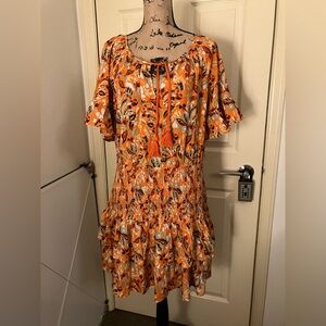 Aerie Orange abstract Floral print ruched drop waist ruffles Mini Dress XL